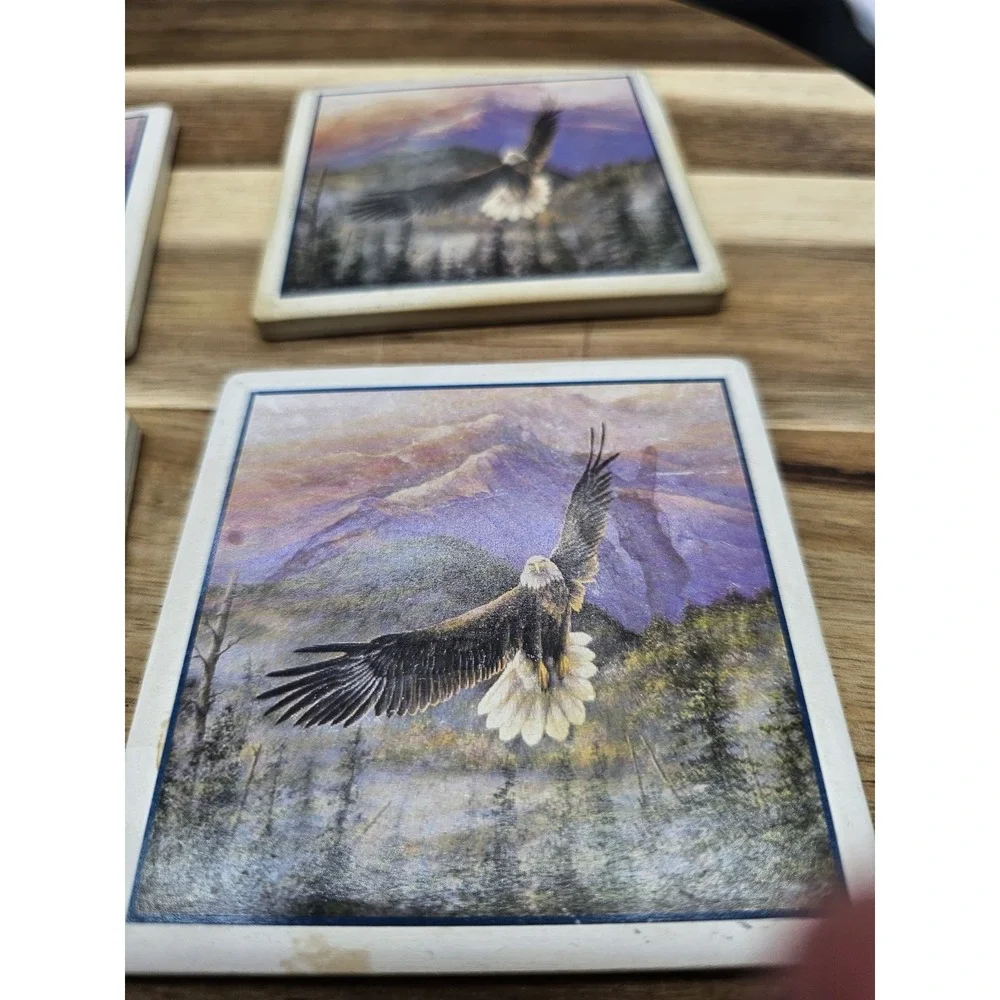 Set Of 4 Stone Coaster With American‎ Eagle In Flight